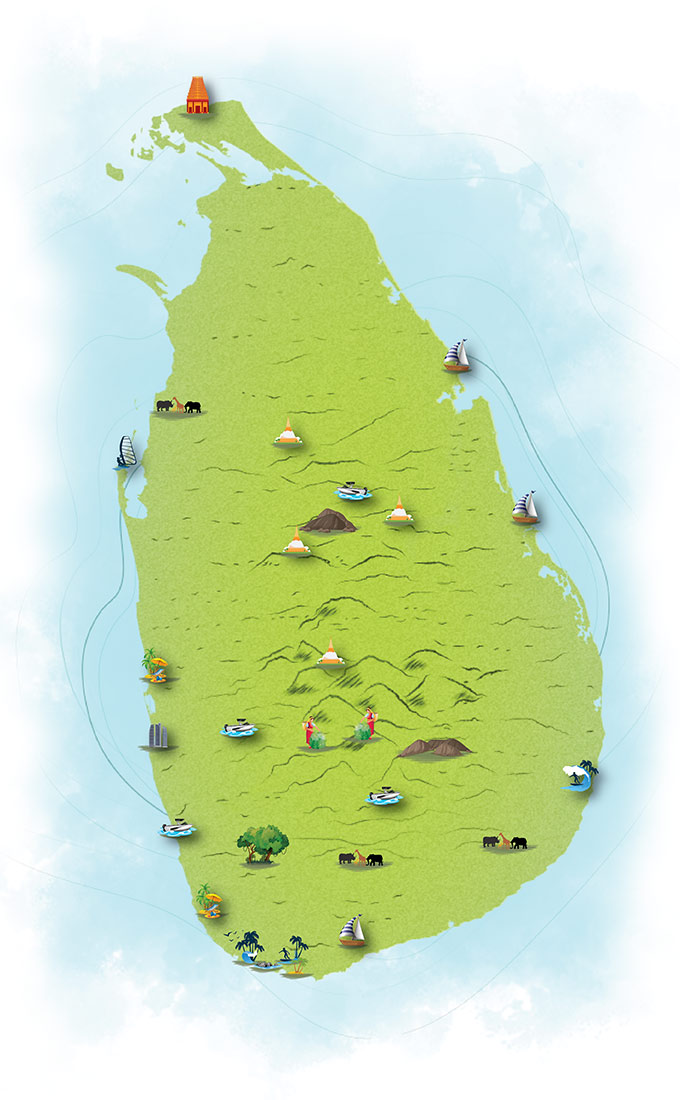 Illustrated map of Sri Lanka showing the places we run trips to