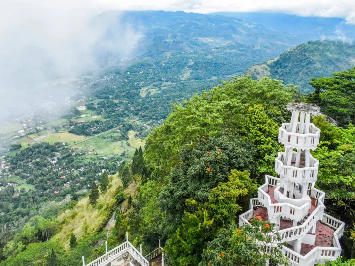 The spiral Ambuluwawa tower on its hilltop above the Gampola valley