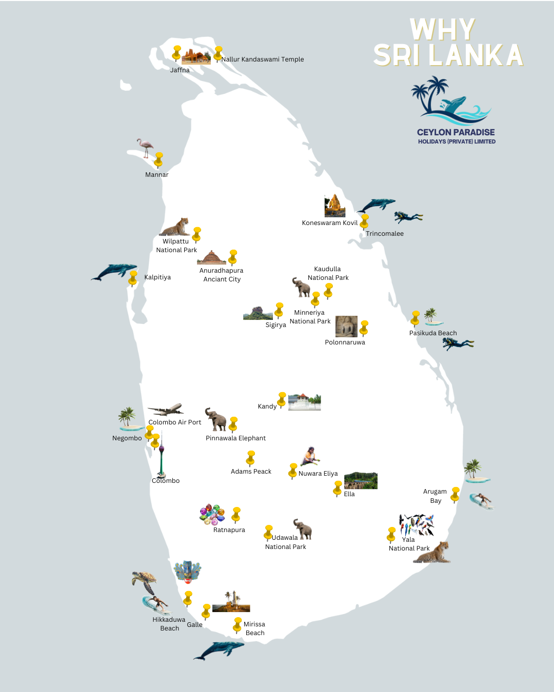 Map of Sri Lanka showing the places and experiences we run trips to